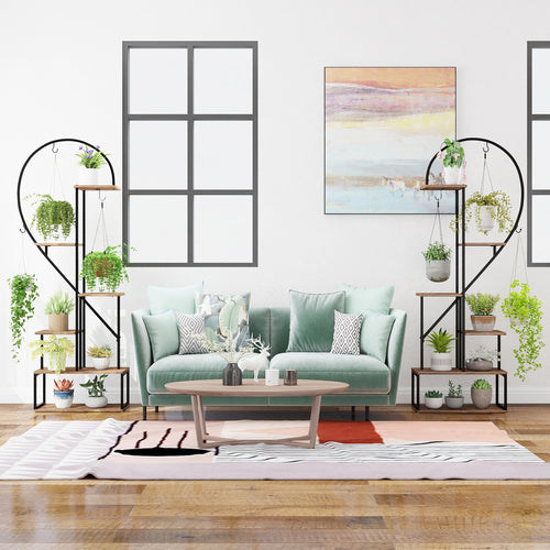 6-Tier Metal Plant Stand 2 Half-Heart-Shape Ladder Plant Shelves, Coffee