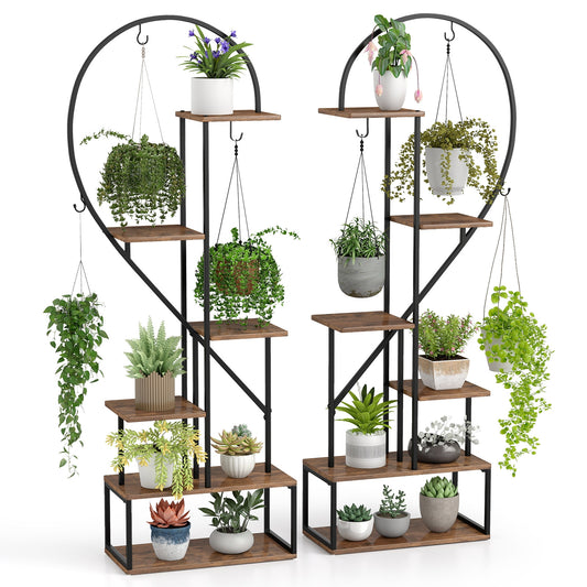 6-Tier Metal Plant Stand, 2 Half-Heart Ladder Shelves, Coffee