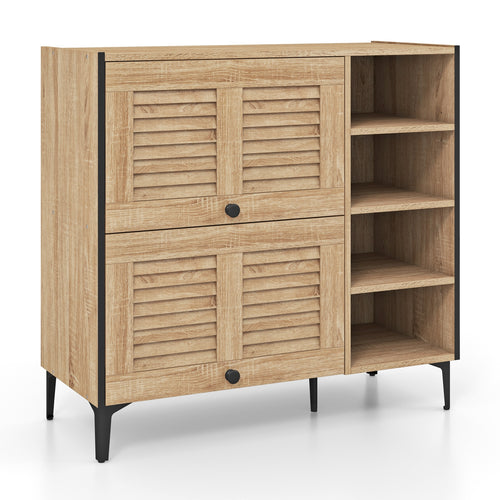 Shoe Rack Organizer With Flip-Up Doors, Adjustable Shelves, Oak