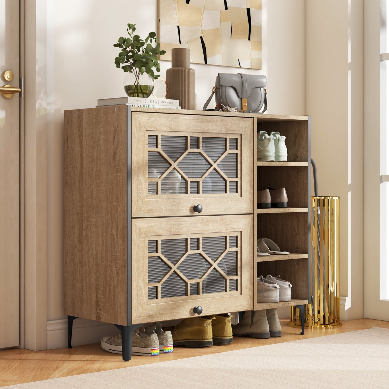 Rustic Shoe Cabinet with Flip-up See-through Doors and Adjustable Shelves, Oak Shoe Racks & Storage Benches at Gallery Canada