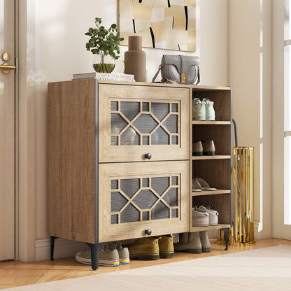 Rustic Shoe Cabinet with Flip-up See-through Doors and Adjustable Shelves, Oak Shoe Racks & Storage Benches at Gallery Canada