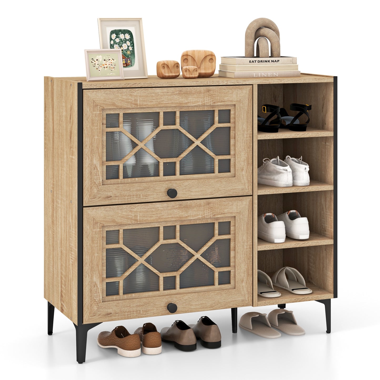 Rustic Shoe Cabinet with Flip-up See-through Doors and Adjustable Shelves, Oak Shoe Racks & Storage Benches at Gallery Canada