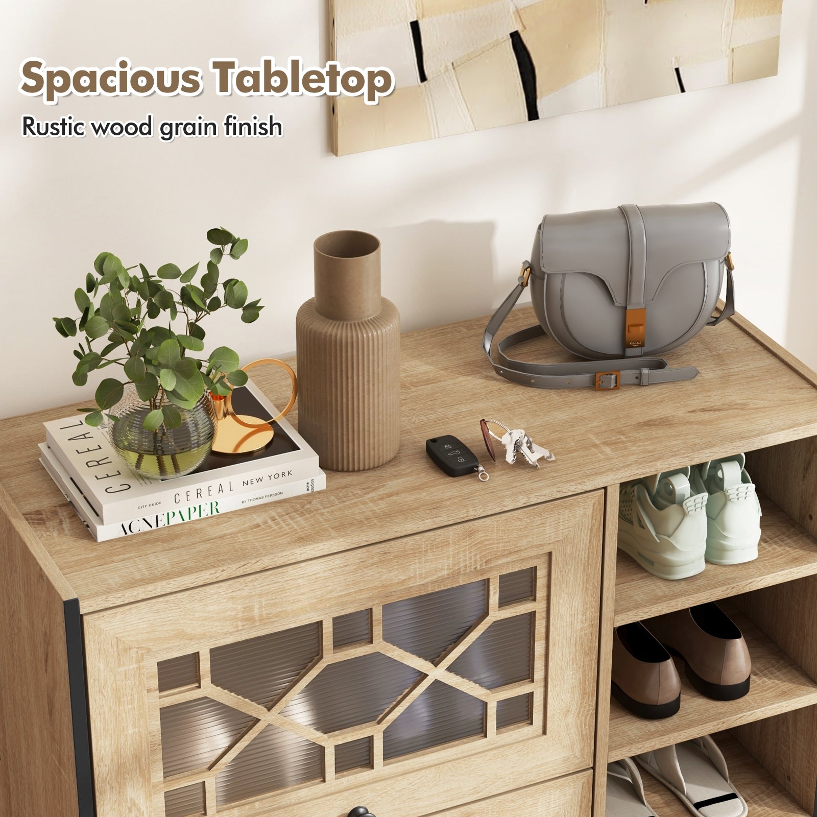 Rustic Shoe Cabinet with Flip-up See-through Doors and Adjustable Shelves, Oak Shoe Racks & Storage Benches at Gallery Canada