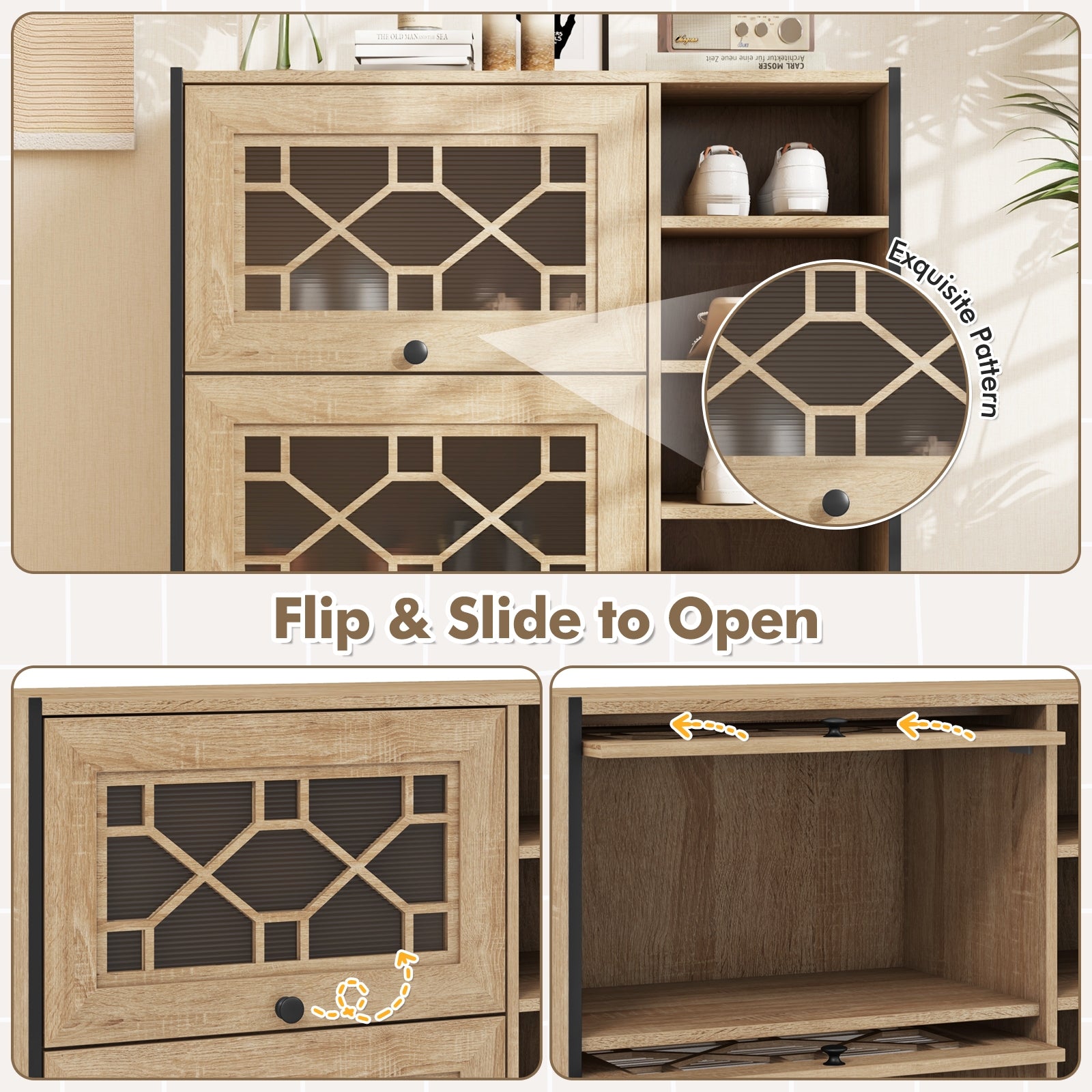 Rustic Shoe Cabinet with Flip-up See-through Doors and Adjustable Shelves, Oak Shoe Racks & Storage Benches at Gallery Canada