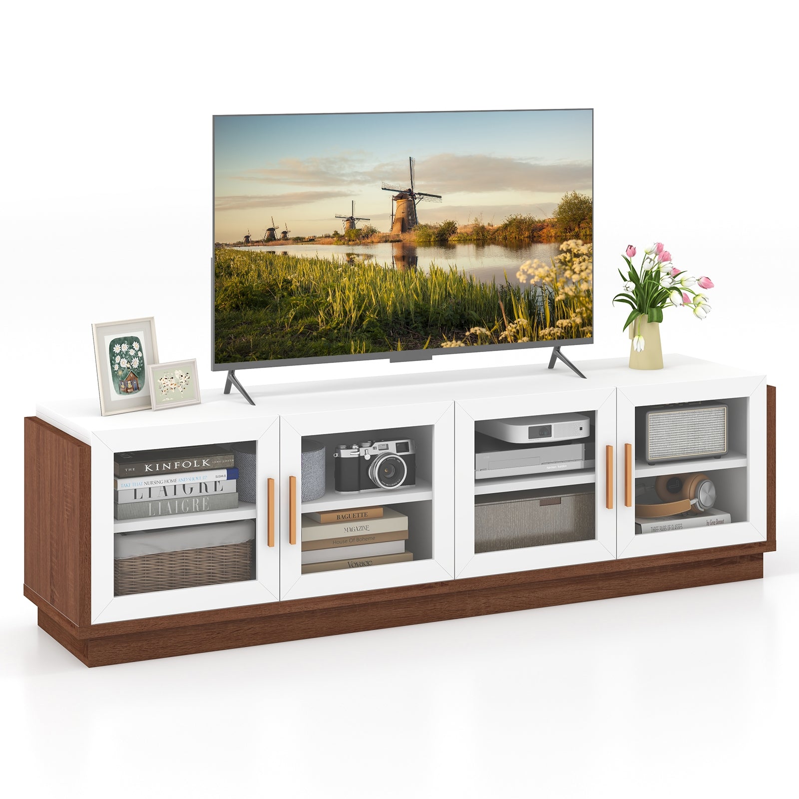 Large TV Stand for TVs up to 75 Inch with 4 Tempered Glass Doors for Living Room, White Entertainment Centers & TV Stands at Gallery Canada