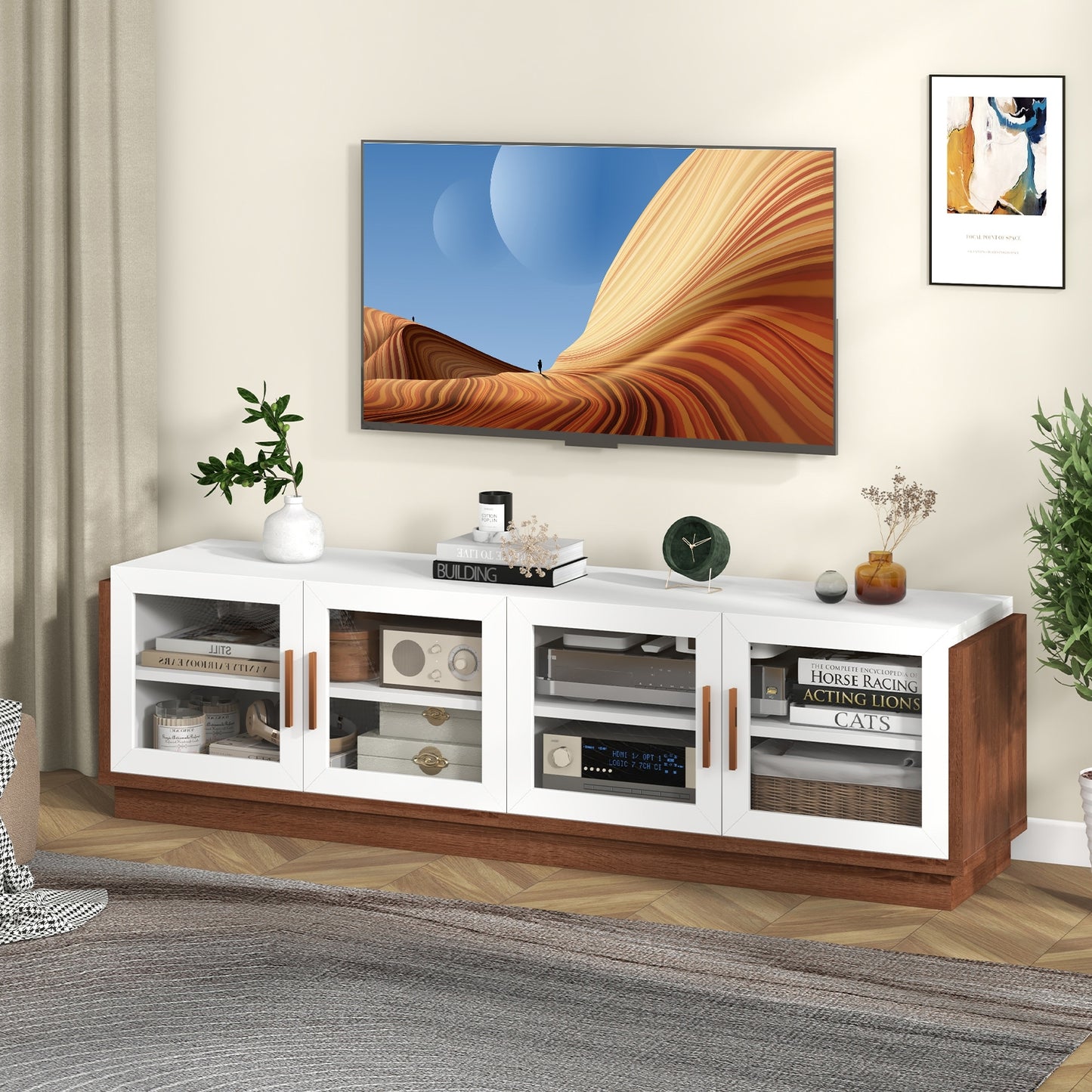 Large TV Stand for TVs up to 75 Inch with 4 Tempered Glass Doors for Living Room, White Entertainment Centers & TV Stands at Gallery Canada