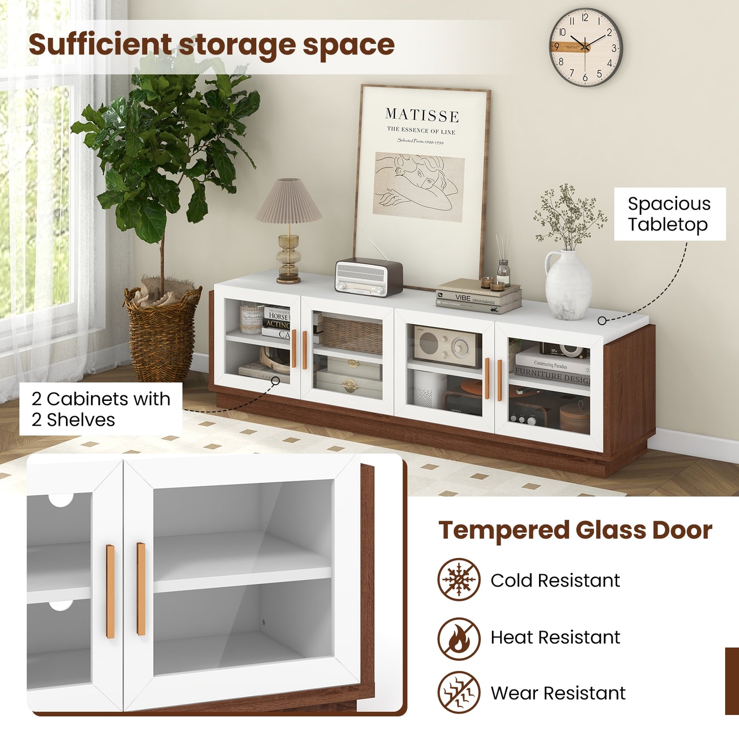 Large TV Stand for TVs up to 75 Inch with 4 Tempered Glass Doors for Living Room, White Entertainment Centers & TV Stands at Gallery Canada