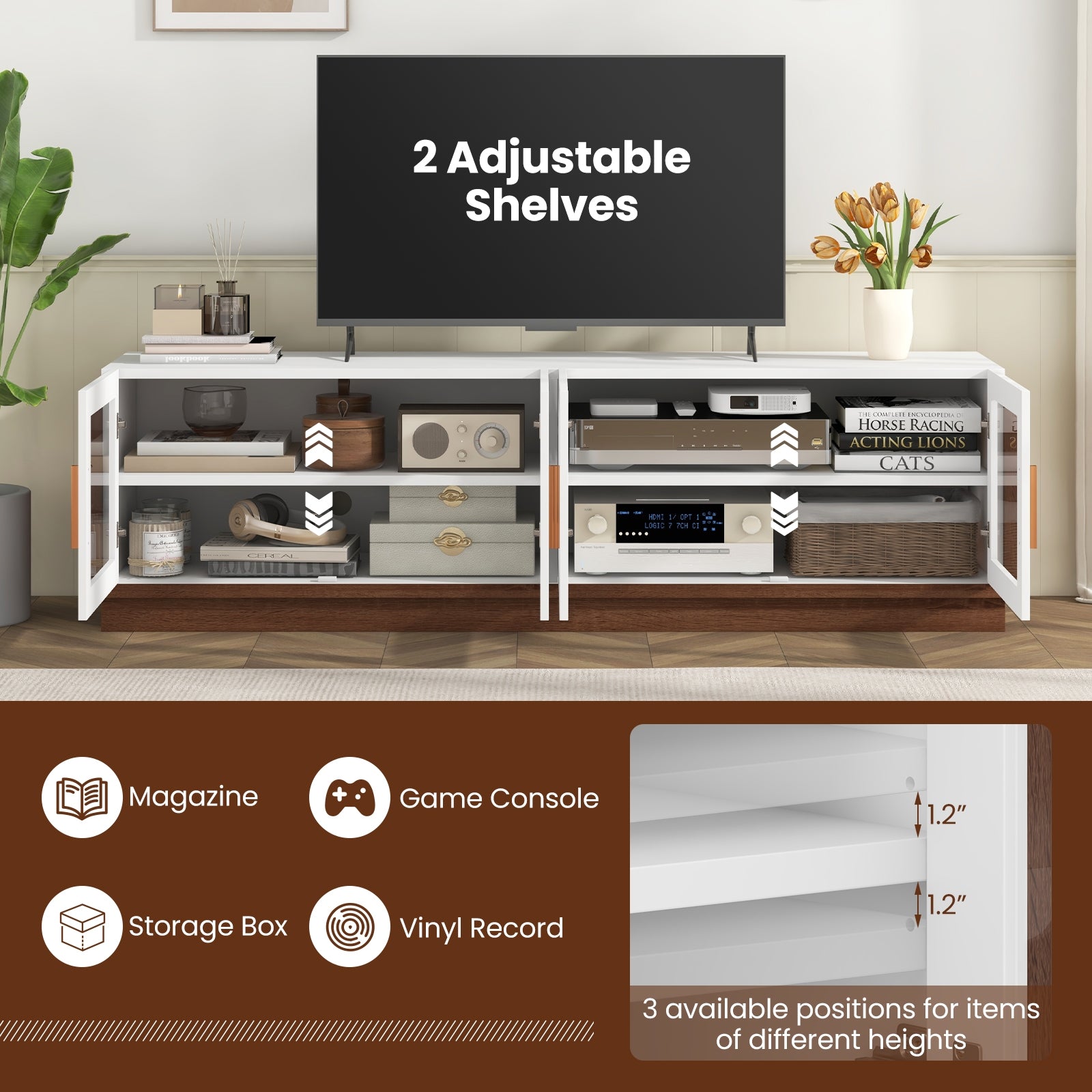 Large TV Stand for TVs up to 75 Inch with 4 Tempered Glass Doors for Living Room, White Entertainment Centers & TV Stands at Gallery Canada