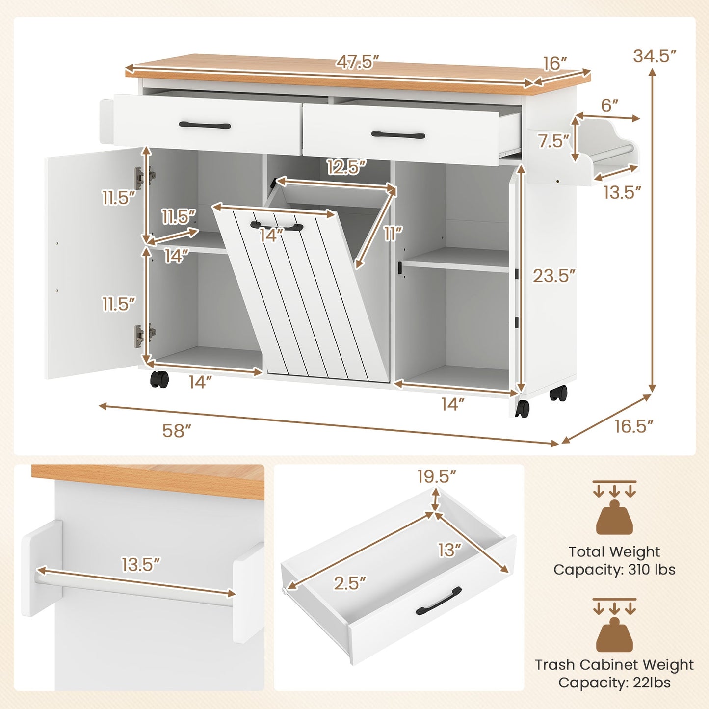 Mobile Kitchen Island Table with Trash Bag Storage for Dining Room, White Kitchen Islands & Carts at Gallery Canada