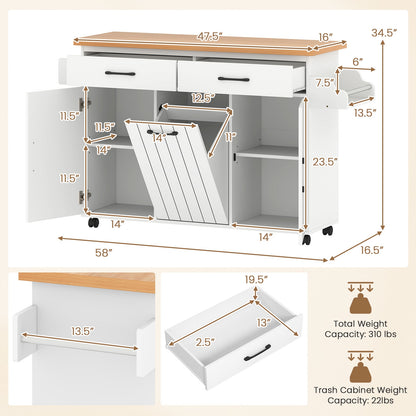 Mobile Kitchen Island Table with Trash Bag Storage for Dining Room, White Kitchen Islands & Carts at Gallery Canada