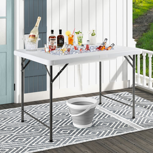 4 Feet Folding Ice Bin Table with Skirt for Camping Picnic Wedding with Ice Bucket, White