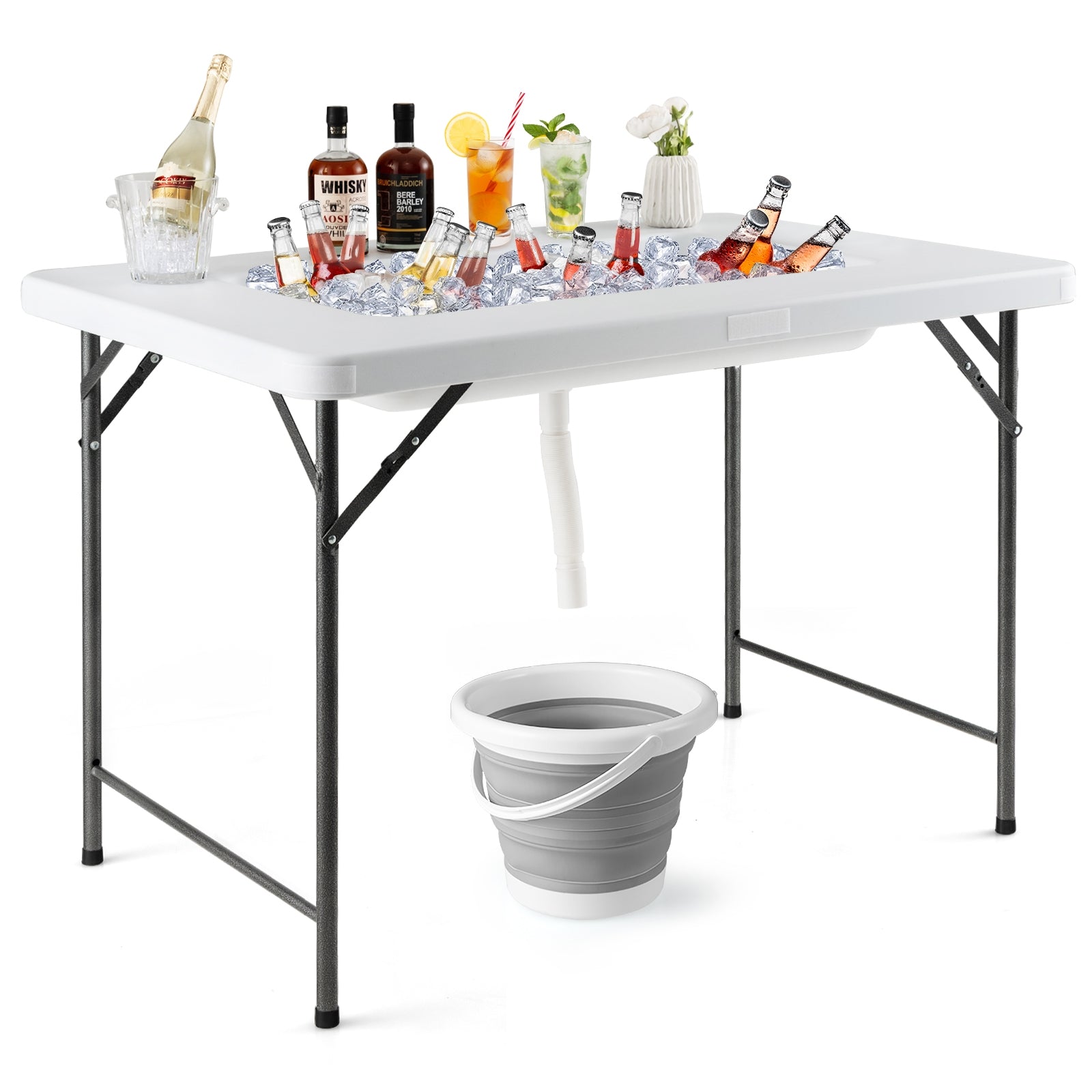 4 Feet Folding Ice Bin Table with Skirt for Camping Picnic Wedding with Ice Bucket, White Camping Furniture White at Gallery Canada