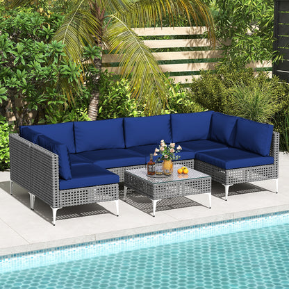 7 Piece Outdoor Furniture Set Wicker Chairs with Tempered Glass Coffee Table, Navy Patio Conversation Sets at Gallery Canada