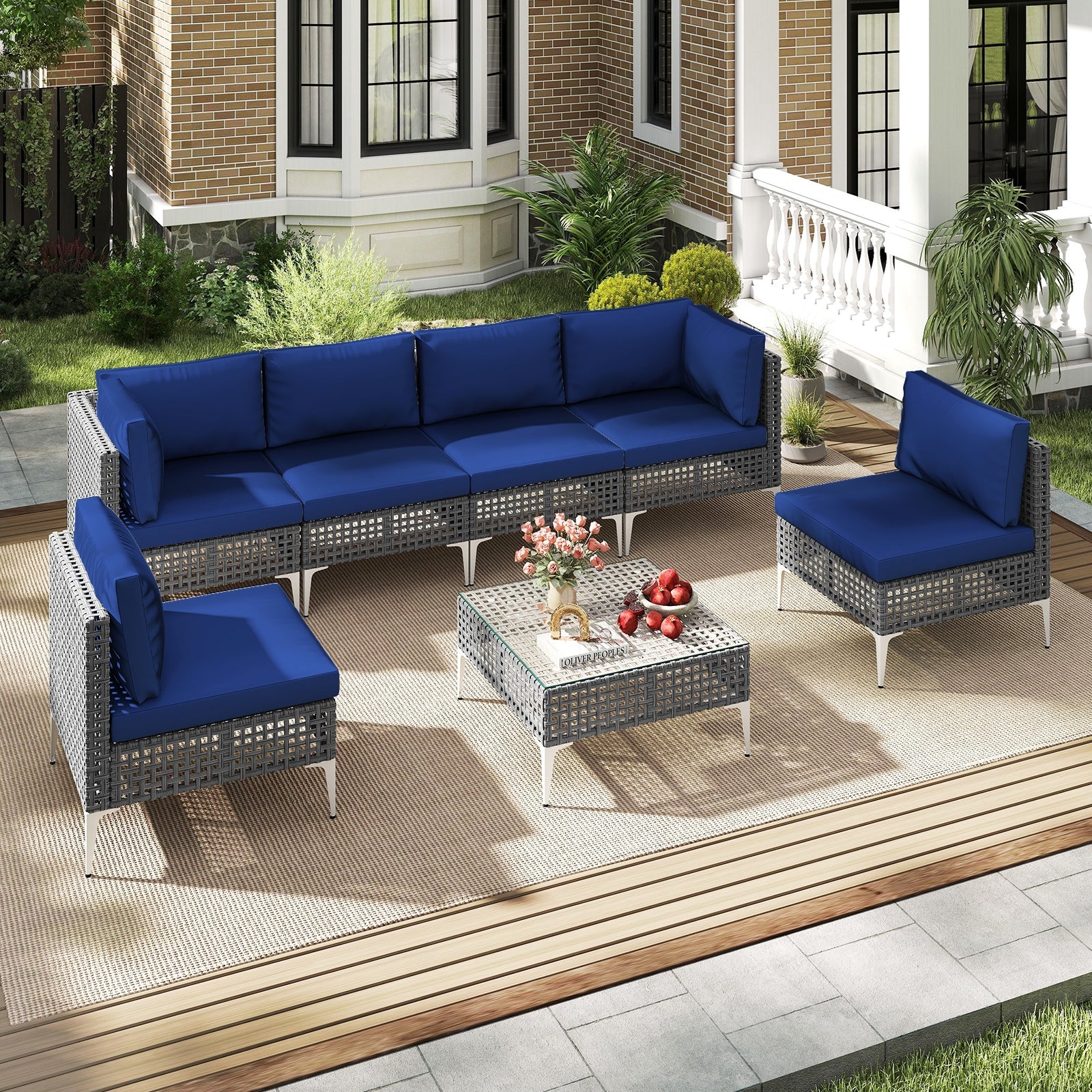7 Piece Outdoor Furniture Set Wicker Chairs with Tempered Glass Coffee Table, Navy Patio Conversation Sets at Gallery Canada