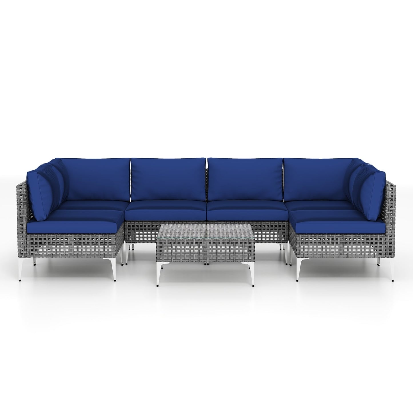 7 Piece Outdoor Furniture Set Wicker Chairs with Tempered Glass Coffee Table, Navy Patio Conversation Sets Navy at Gallery Canada