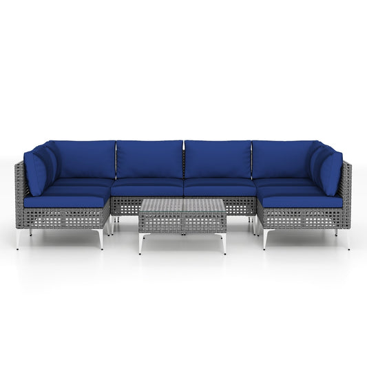 7 Piece Outdoor Furniture Set Wicker Chairs with Tempered Glass Coffee Table, Navy Patio Conversation Sets Navy at Gallery Canada