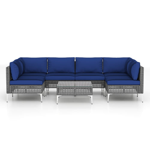 7 Piece Outdoor Furniture Set Wicker  Chairs with Tempered Glass Coffee Table, Navy