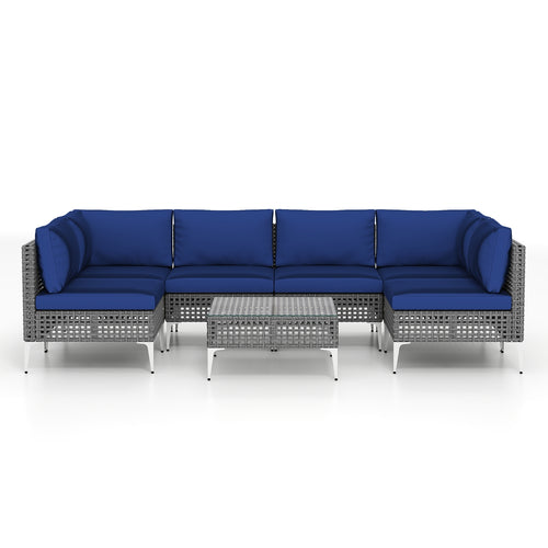 7 Piece Outdoor Furniture Set Wicker  Chairs with Tempered Glass Coffee Table, Navy