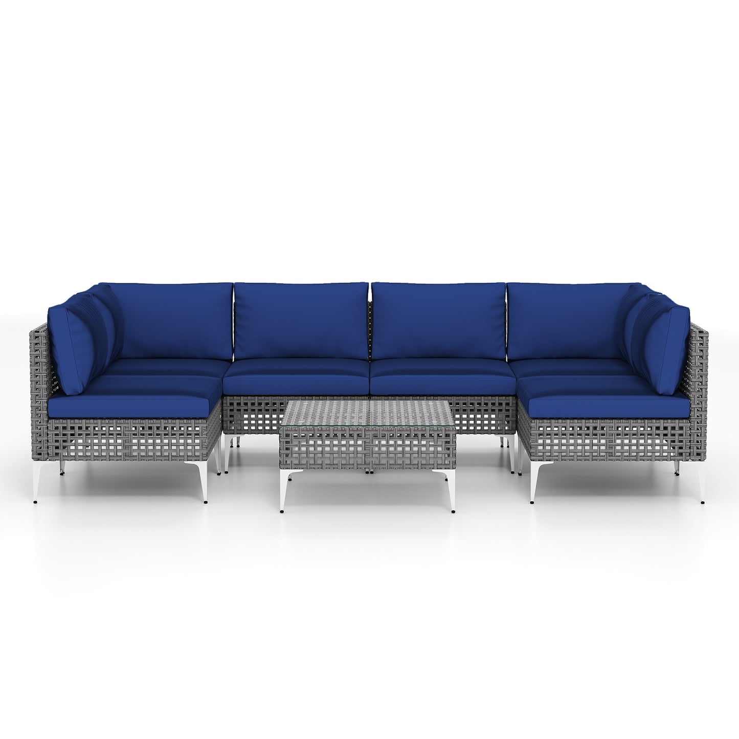 7 Piece Outdoor Furniture Set Wicker  Chairs with Tempered Glass Coffee Table, Navy