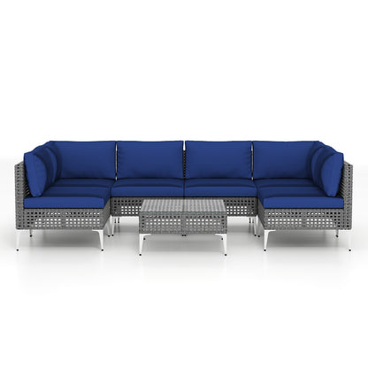 7 Piece Outdoor Furniture Set Wicker  Chairs with Tempered Glass Coffee Table, Navy