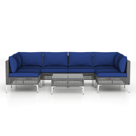 7 Piece Outdoor Furniture Set Wicker Chairs with Tempered Glass Coffee Table, Navy Patio Conversation Sets Navy at Gallery Canada