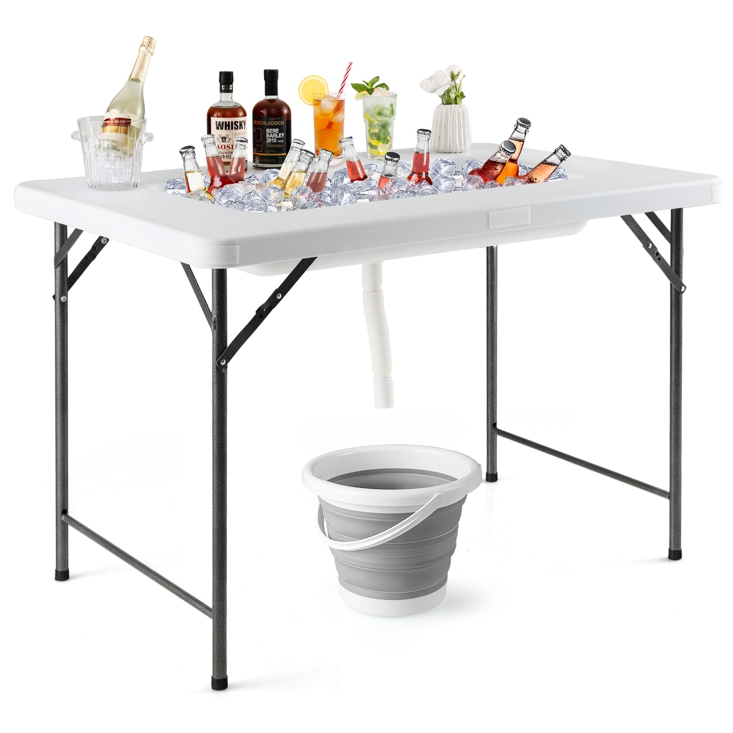 4 Feet Folding Ice Bin Table with Skirt for Camping Picnic Wedding with Ice Bucket, White Camping Furniture at Gallery Canada