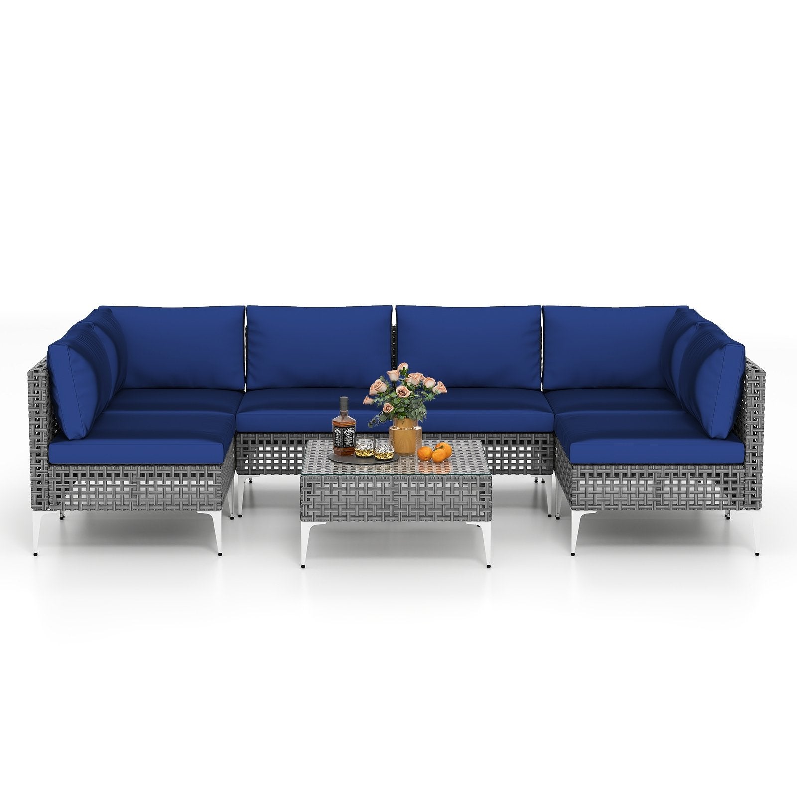 7 Piece Outdoor Furniture Set Wicker Chairs with Tempered Glass Coffee Table, Navy Patio Conversation Sets at Gallery Canada