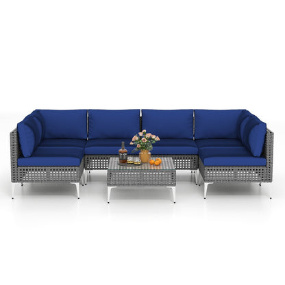 7 Piece Outdoor Furniture Set Wicker Chairs with Tempered Glass Coffee Table, Navy Patio Conversation Sets at Gallery Canada