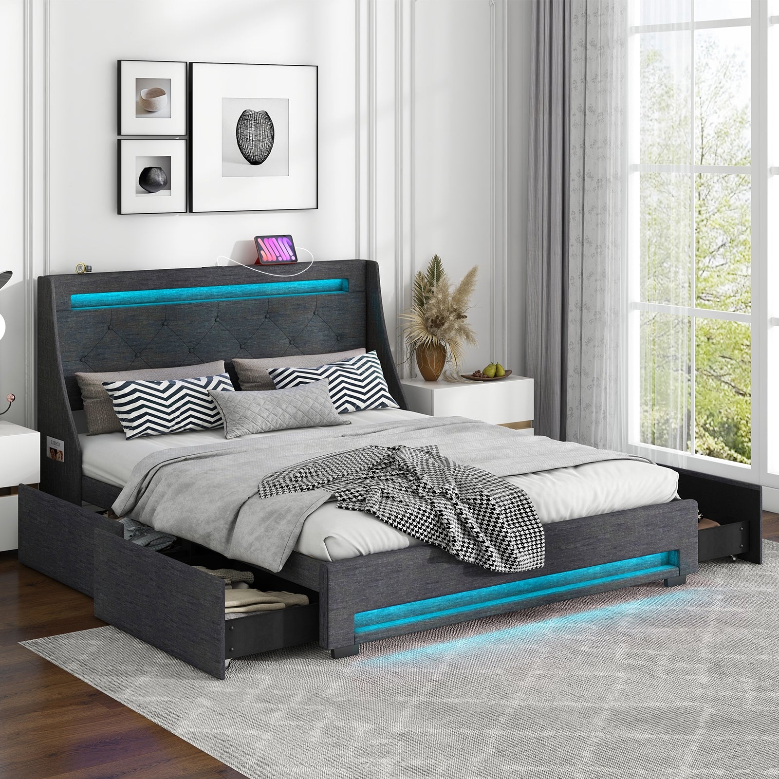 Queen Size Upholstered Platform Bed Frame with LED Lights and Charging Station-Grey, Gray Folding Beds at Gallery Canada