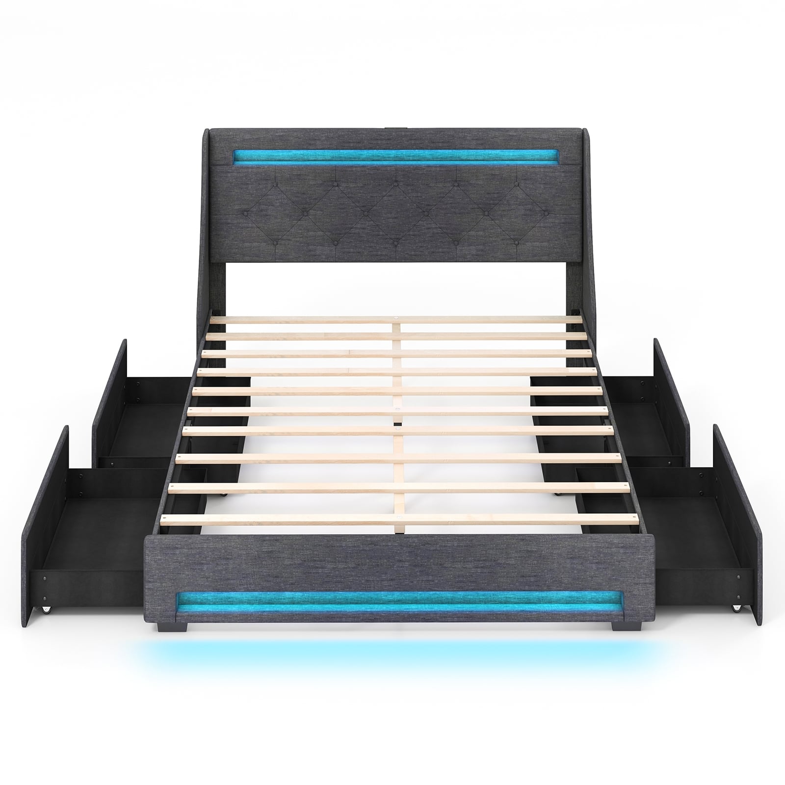 Queen Size Upholstered Platform Bed Frame, LED Lights, Charging Station, Gray Folding Beds Gray at Gallery Canada