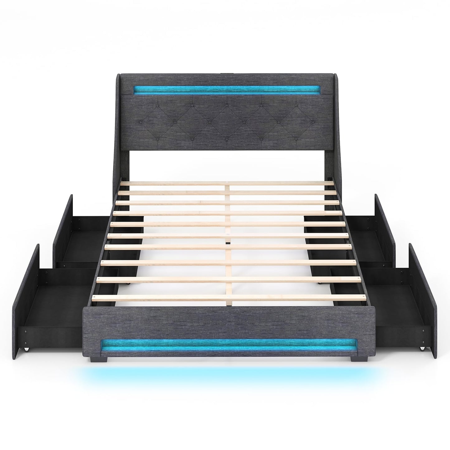 Queen Size Upholstered Platform Bed Frame, LED Lights, Charging Station, Gray Folding Beds Gray at Gallery Canada