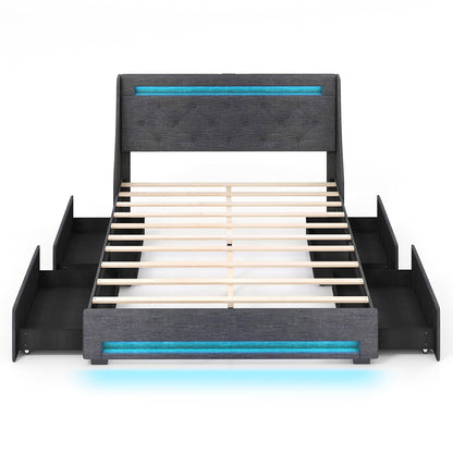 Queen Size Upholstered Platform Bed Frame, LED Lights, Charging Station, Gray Folding Beds Gray at Gallery Canada