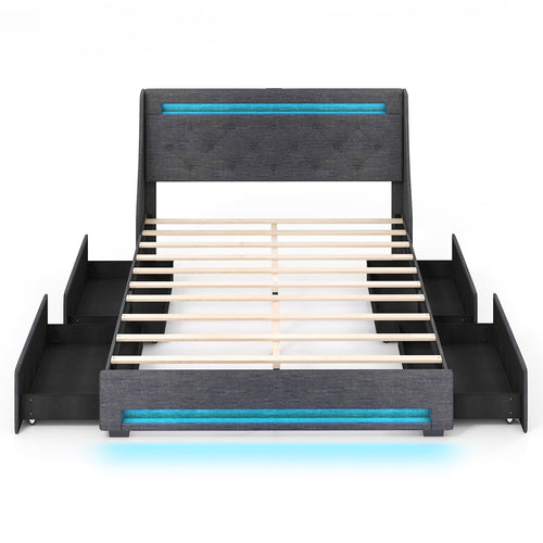 Queen Size Upholstered Platform Bed Frame, LED Lights, Charging Station, Gray
