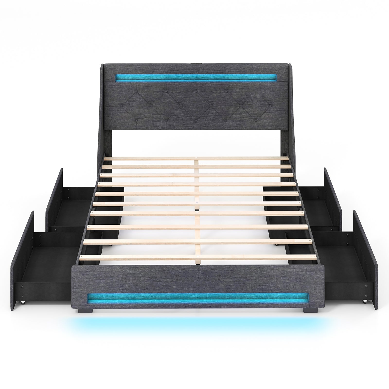 Queen Size Upholstered Platform Bed Frame, LED Lights, Charging Station, Gray Folding Beds at Gallery Canada