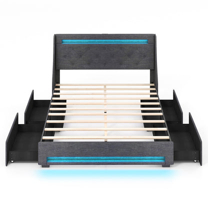 Queen Size Upholstered Platform Bed Frame, LED Lights, Charging Station, Gray Folding Beds at Gallery Canada