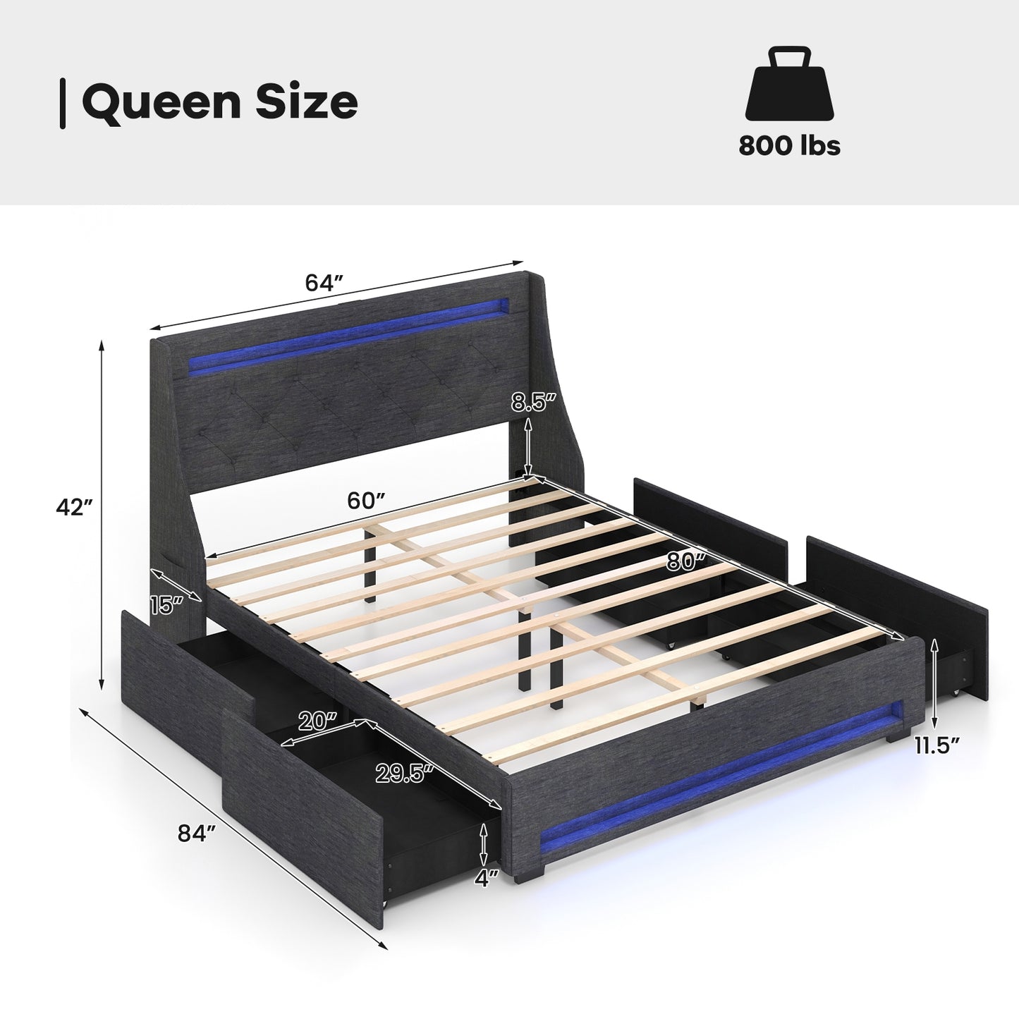 Queen Size Upholstered Platform Bed Frame with LED Lights and Charging Station-Grey, Gray Folding Beds at Gallery Canada