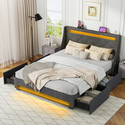 Queen Size Upholstered Platform Bed Frame with LED Lights and Charging Station-Grey, Gray Folding Beds at Gallery Canada