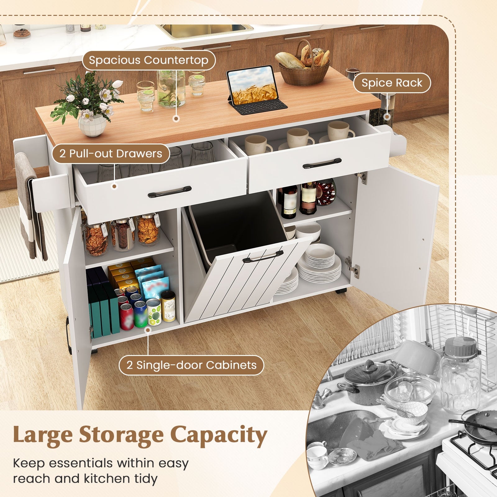 Mobile Kitchen Island Table with Trash Bag Storage for Dining Room, White Kitchen Islands & Carts at Gallery Canada