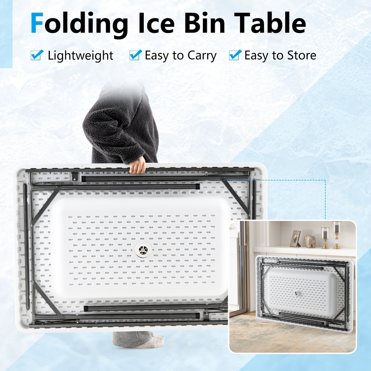 4 Feet Folding Ice Bin Table with Skirt for Camping Picnic Wedding with Ice Bucket, White Camping Furniture at Gallery Canada