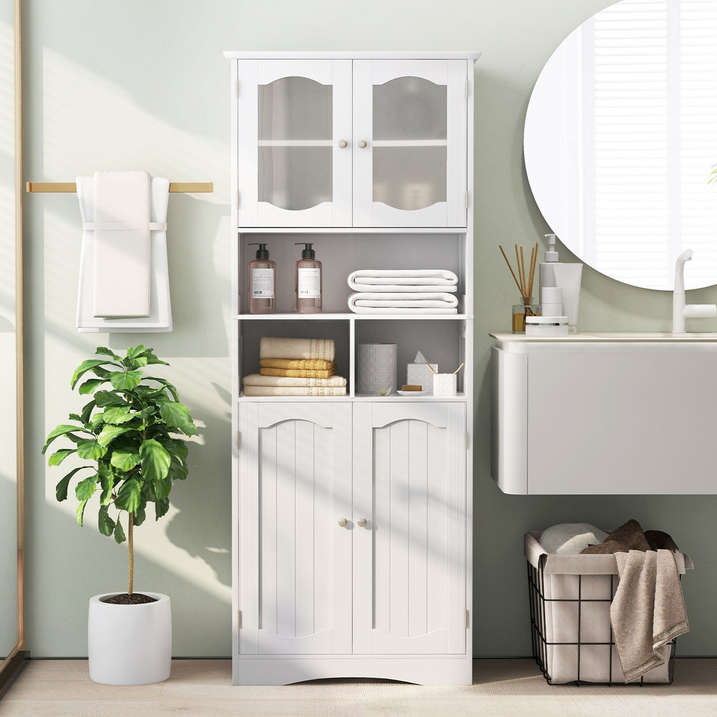 58.5 Inch Freestanding Linen Bathroom Storage Cabinet with Frost Glass Doors, White Floor Cabinets at Gallery Canada