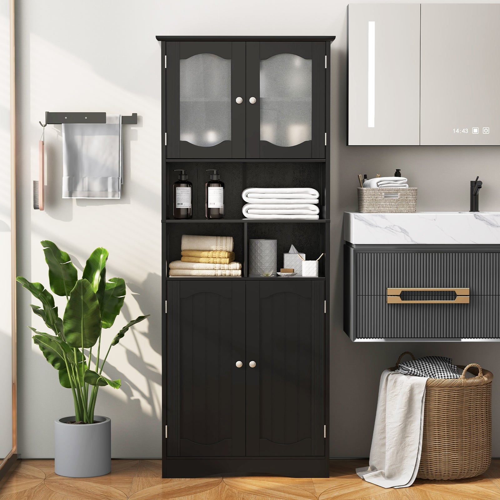 58.5 Inch Freestanding Linen Bathroom Storage Cabinet with Frost Glass Doors, Black Floor Cabinets at Gallery Canada
