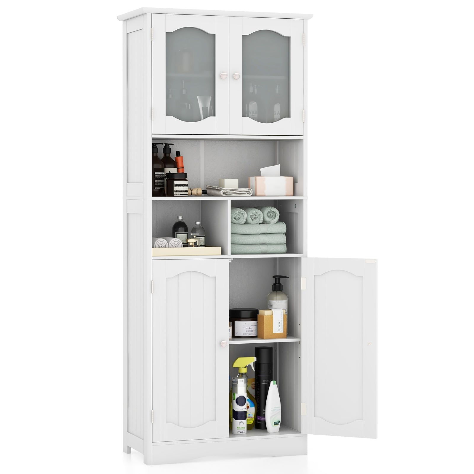 58.5 Inch Freestanding Linen Bathroom Storage Cabinet with Frost Glass Doors, White Floor Cabinets at Gallery Canada