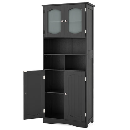 58.5 Inch Freestanding Linen Bathroom Storage Cabinet with Frost Glass Doors, Black Floor Cabinets Black at Gallery Canada