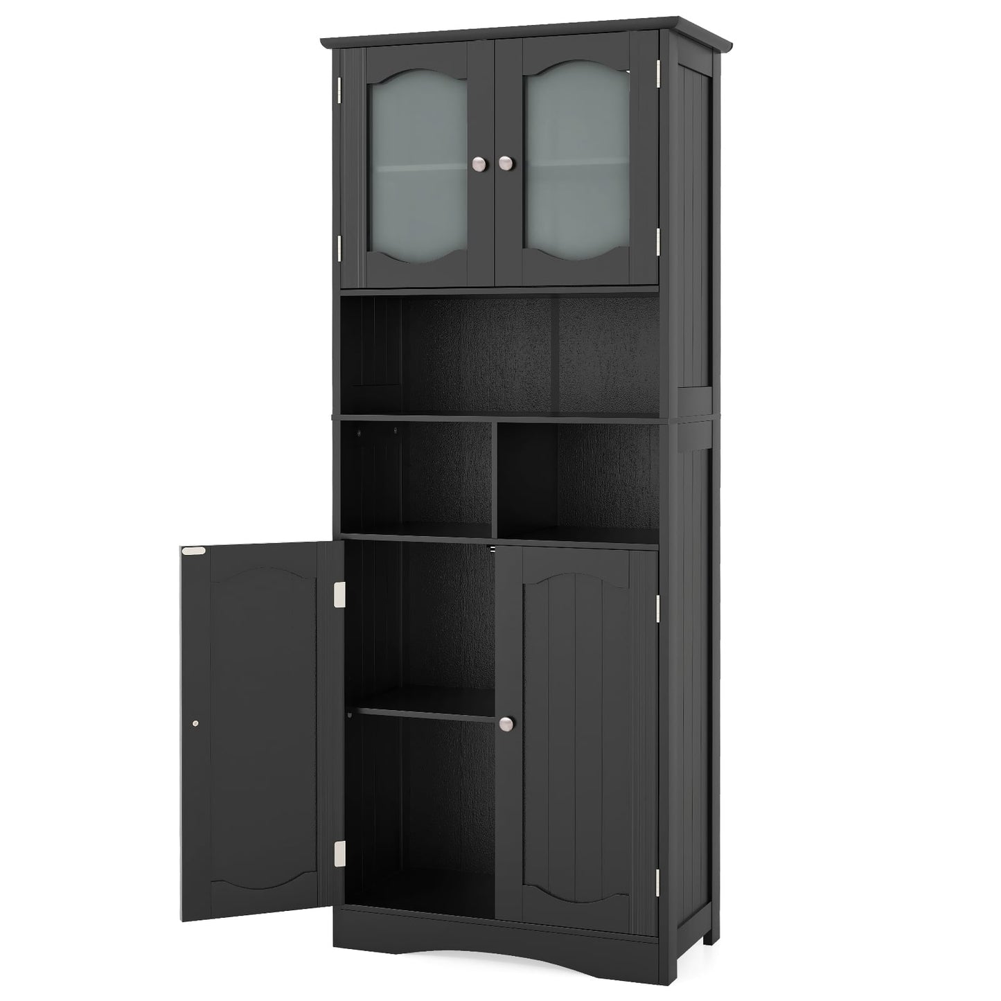 58.5 Inch Freestanding Linen Cabinet, Frost Glass Doors, Black Floor Cabinets Black at Gallery Canada