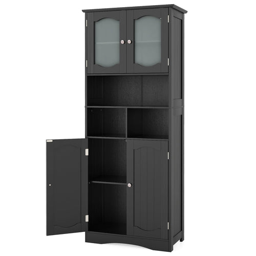 58.5 Inch Freestanding Linen Cabinet, Frost Glass Doors, Black