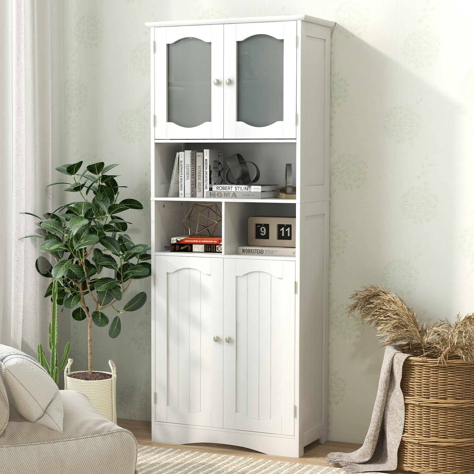 58.5 Inch Freestanding Linen Bathroom Storage Cabinet with Frost Glass Doors, White Floor Cabinets at Gallery Canada