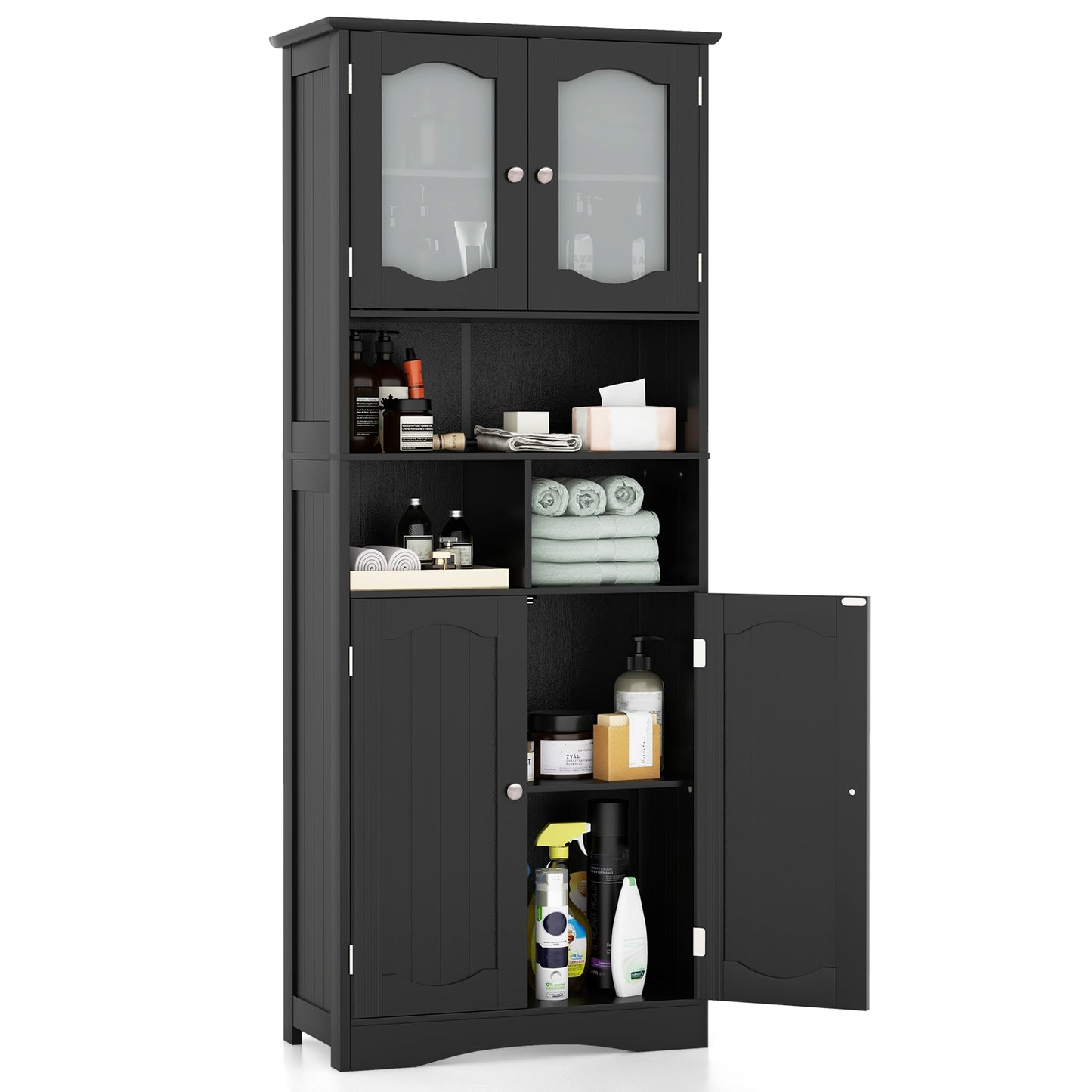 58.5 Inch Freestanding Linen Bathroom Storage Cabinet with Frost Glass Doors, Black Floor Cabinets at Gallery Canada