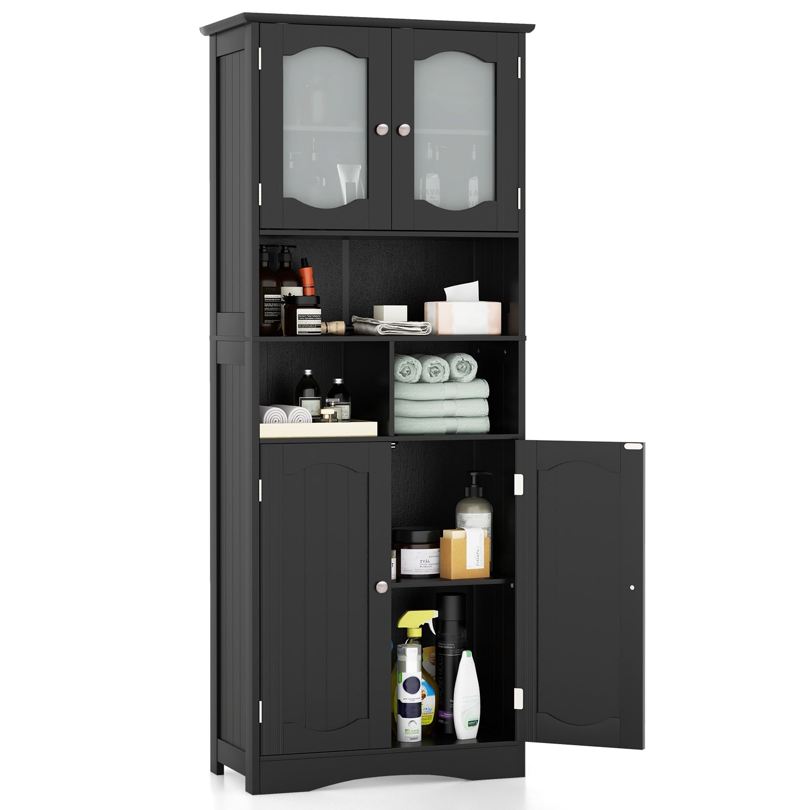 58.5 Inch Freestanding Linen Bathroom Storage Cabinet with Frost Glass Doors, Black Floor Cabinets at Gallery Canada