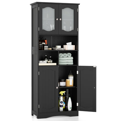 58.5 Inch Freestanding Linen Bathroom Storage Cabinet with Frost Glass Doors, Black Floor Cabinets at Gallery Canada