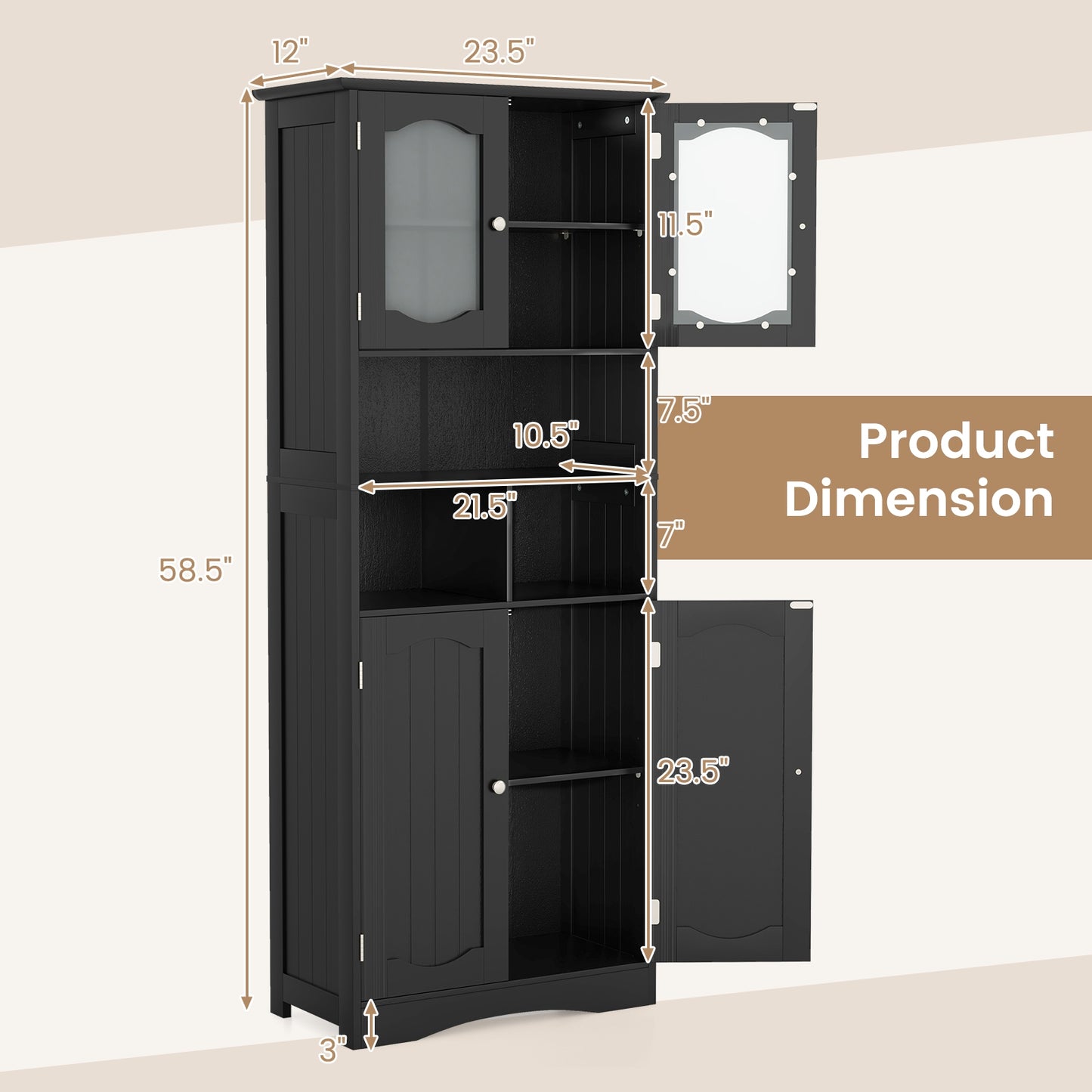 58.5 Inch Freestanding Linen Bathroom Storage Cabinet with Frost Glass Doors, Black Floor Cabinets at Gallery Canada